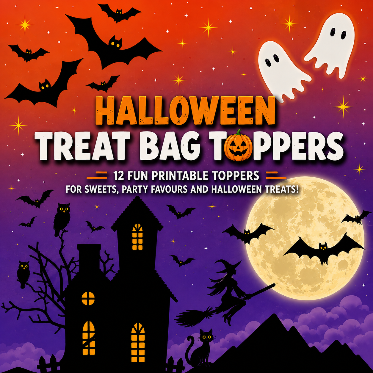 🎃Toppers para Sacos de Guloseimas de Halloween – 12 Designs Imprimíveis | A4 e US Letter