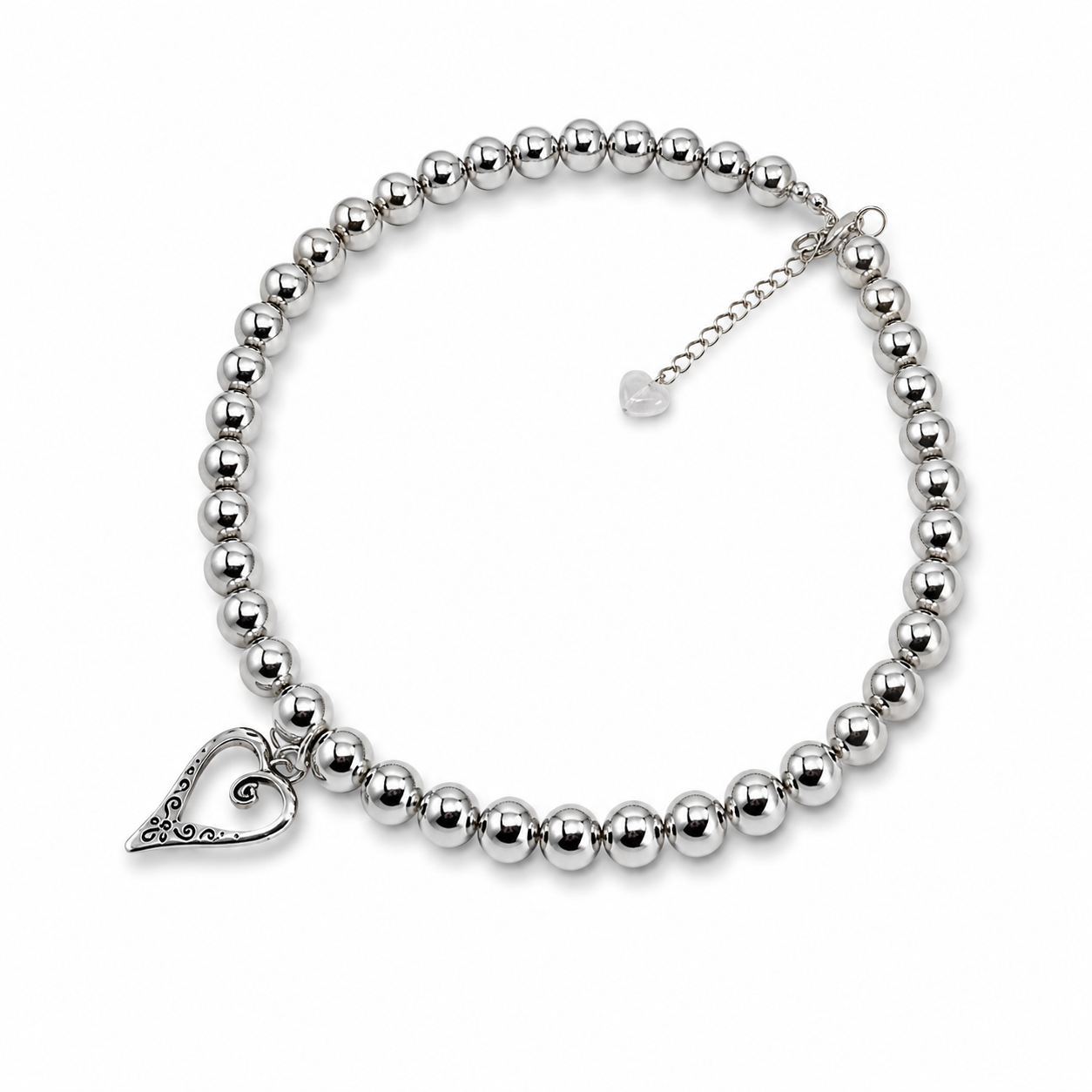 Silver beads necklace with silver heart