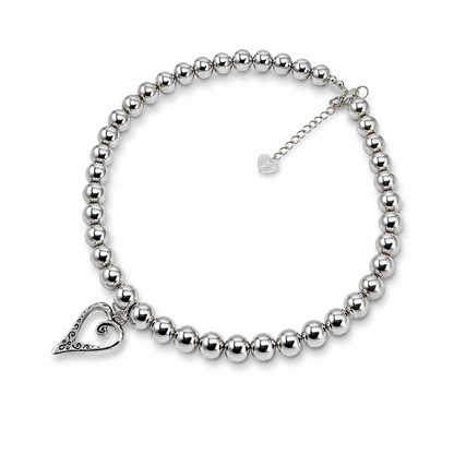 Silver beads necklace with silver heart