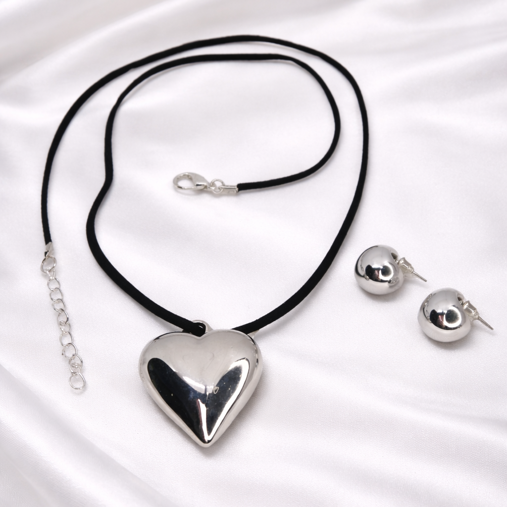 Urban Romance jewelry, silver heart necklace set, and earrings set.