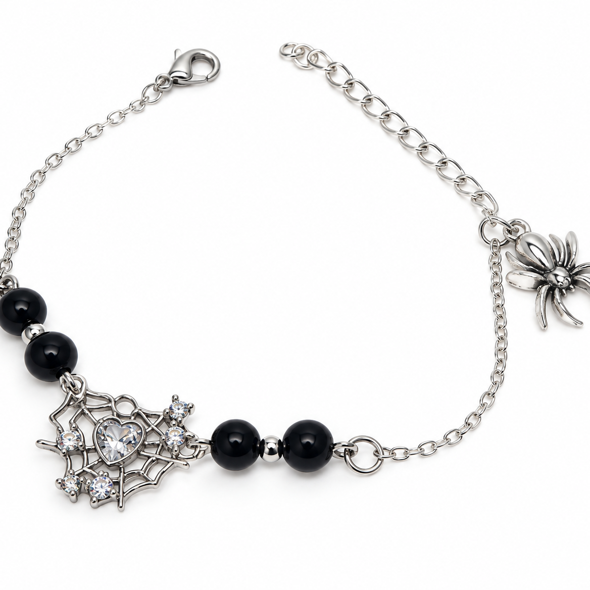 Silver bracelet with black beads and silver spiderweb