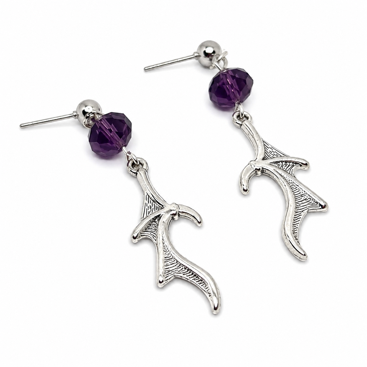 Silver earrings with bat pendant and purple beads