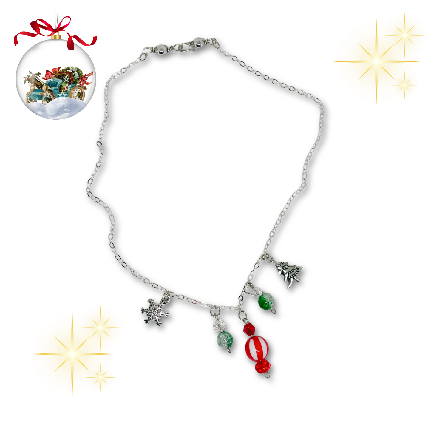 Silver necklace with Christmas charms.