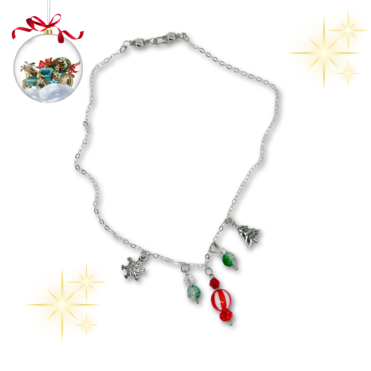 Silver necklace with Christmas charms.