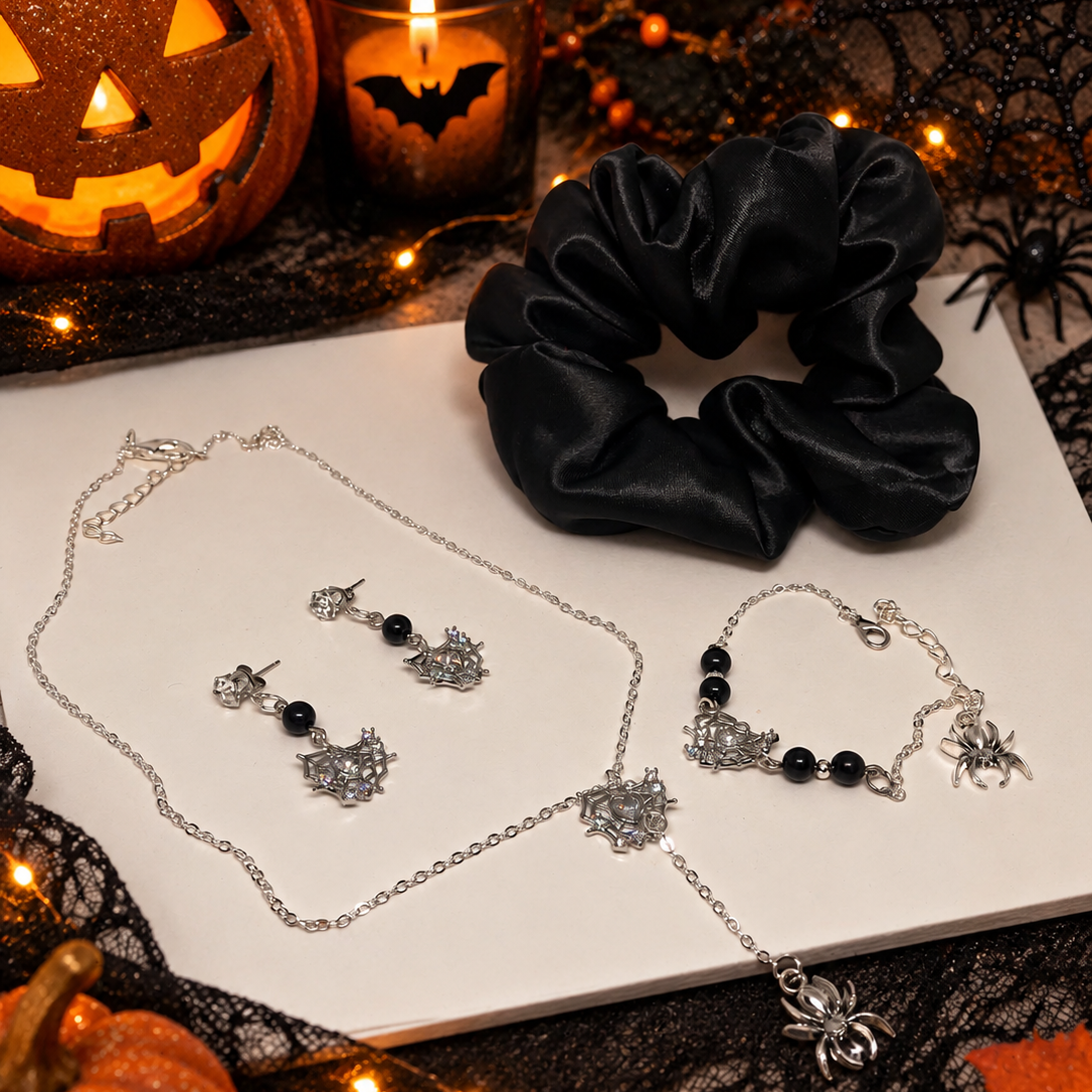 The set includes a spiderweb necklace with dangling spider charm, matching earrings, bracelet and black satin scrunchie, beautifully presented and ready to gift.