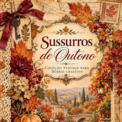 Portuguese cover of Sussurros de Outono vintage autumn junk journal printable, featuring autumn leaves, flowers, antique books and a romantic European countryside village.