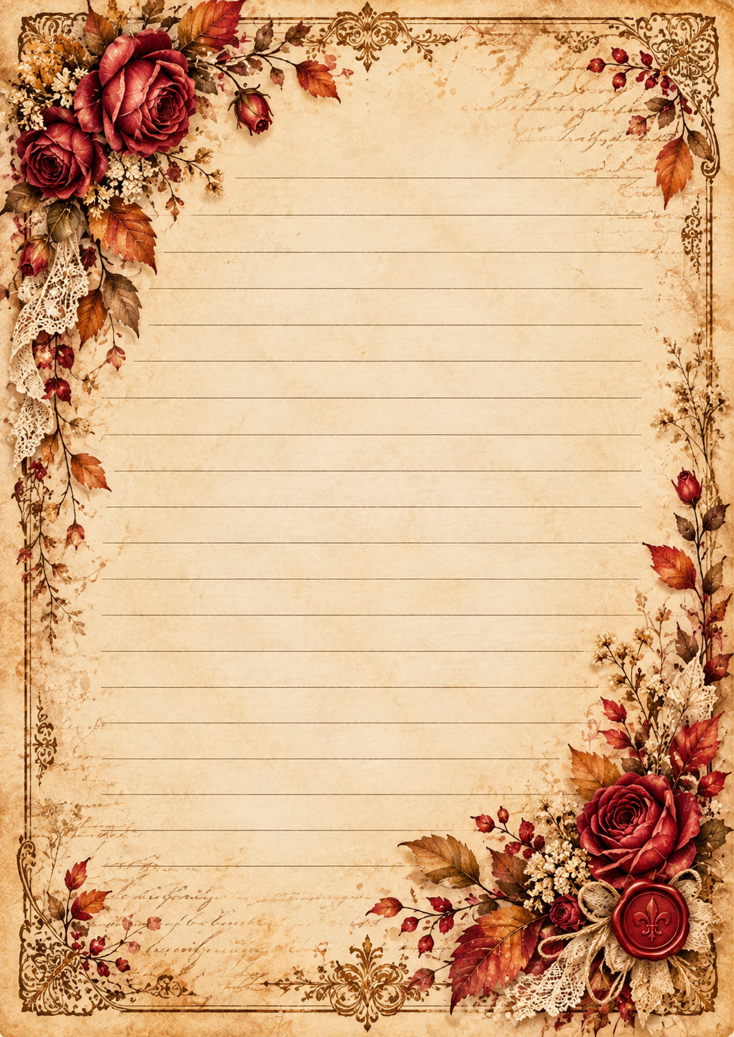 Portuguese cover of Sussurros de Outono vintage autumn junk journal printable, featuring autumn leaves, flowers, antique books and a romantic European countryside village.