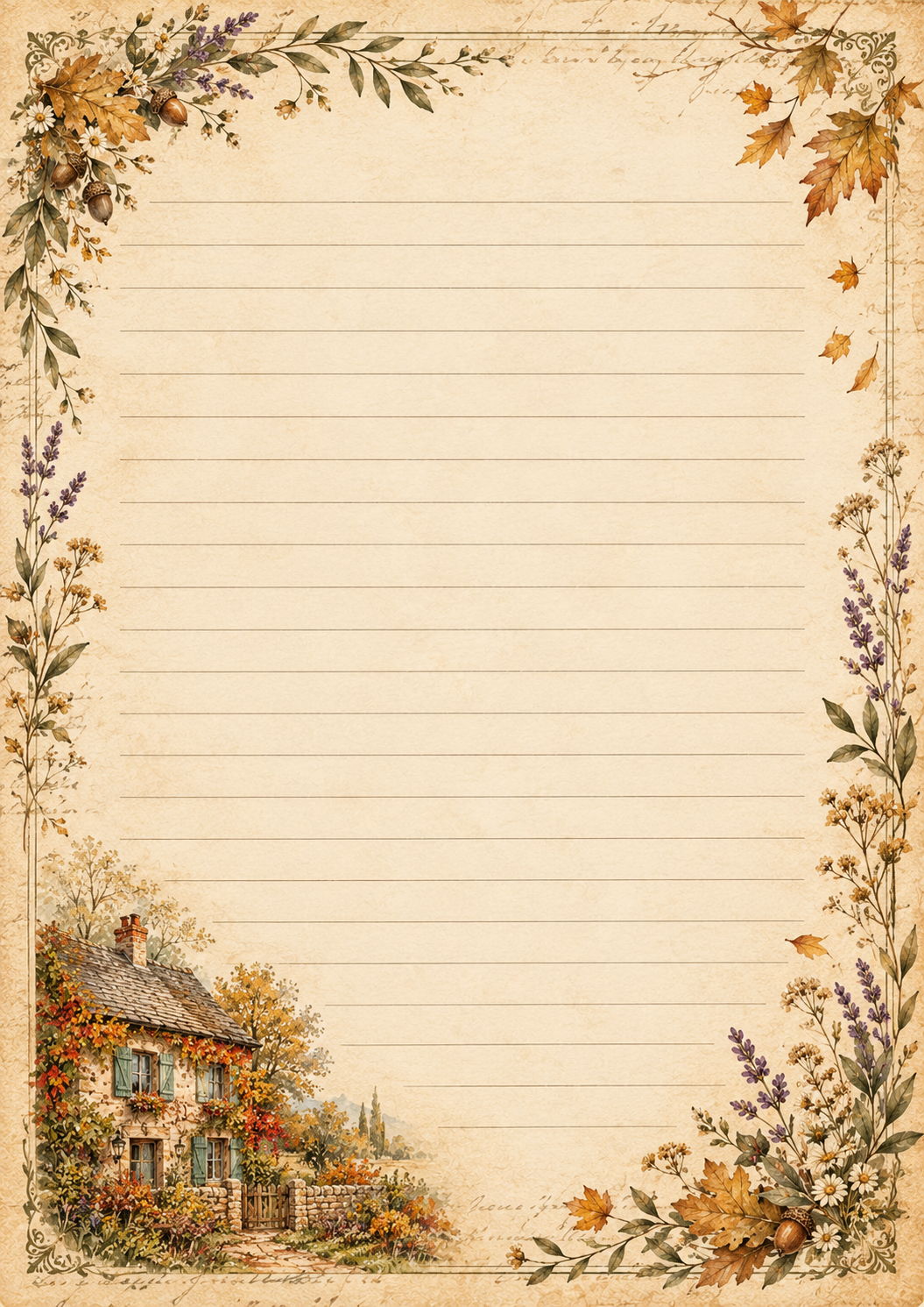 Portuguese cover of Sussurros de Outono vintage autumn junk journal printable, featuring autumn leaves, flowers, antique books and a romantic European countryside village.