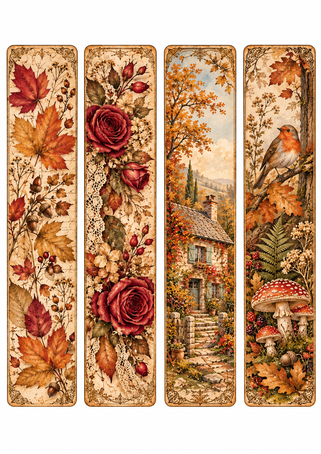 Portuguese cover of Sussurros de Outono vintage autumn junk journal printable, featuring autumn leaves, flowers, antique books and a romantic European countryside village.