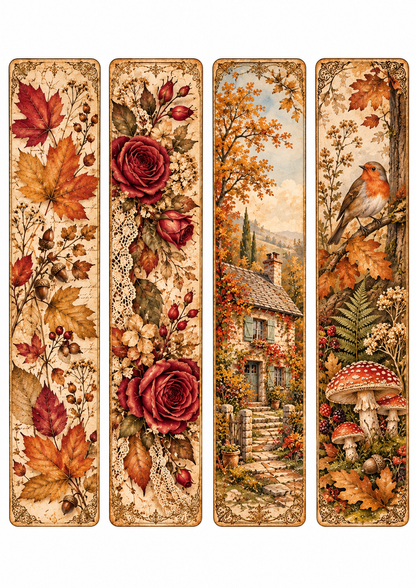 Portuguese cover of Sussurros de Outono vintage autumn junk journal printable, featuring autumn leaves, flowers, antique books and a romantic European countryside village.
