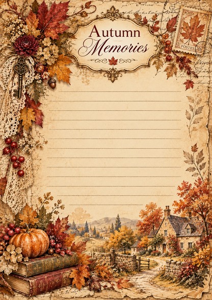 Portuguese cover of Sussurros de Outono vintage autumn junk journal printable, featuring autumn leaves, flowers, antique books and a romantic European countryside village.