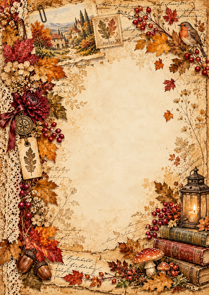 Portuguese cover of Sussurros de Outono vintage autumn junk journal printable, featuring autumn leaves, flowers, antique books and a romantic European countryside village.