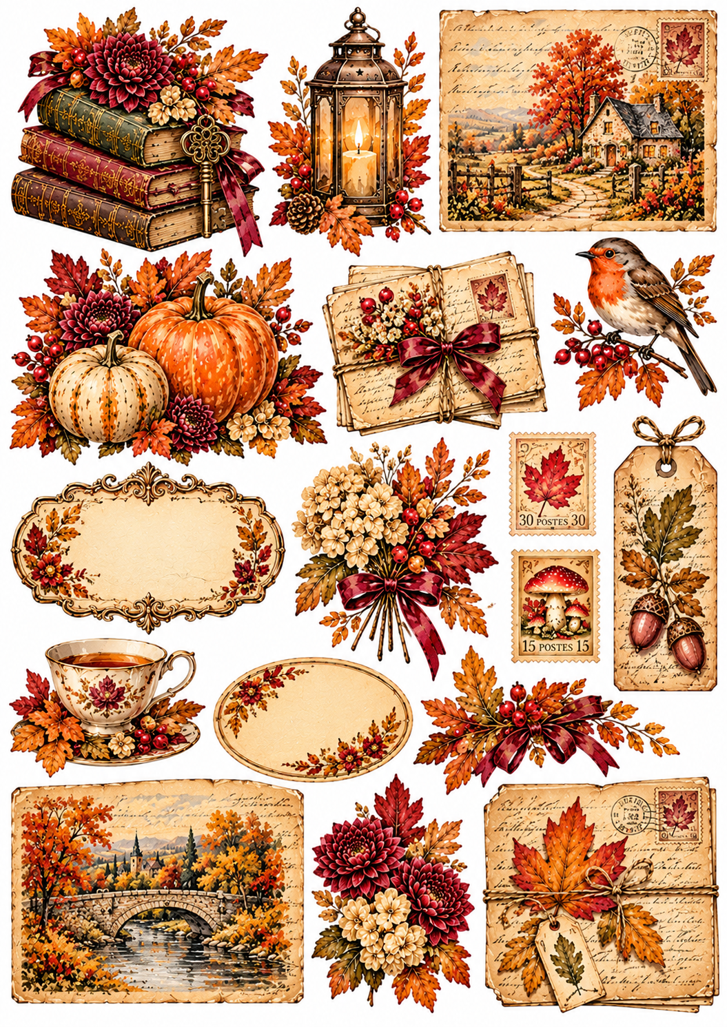 Portuguese cover of Sussurros de Outono vintage autumn junk journal printable, featuring autumn leaves, flowers, antique books and a romantic European countryside village.