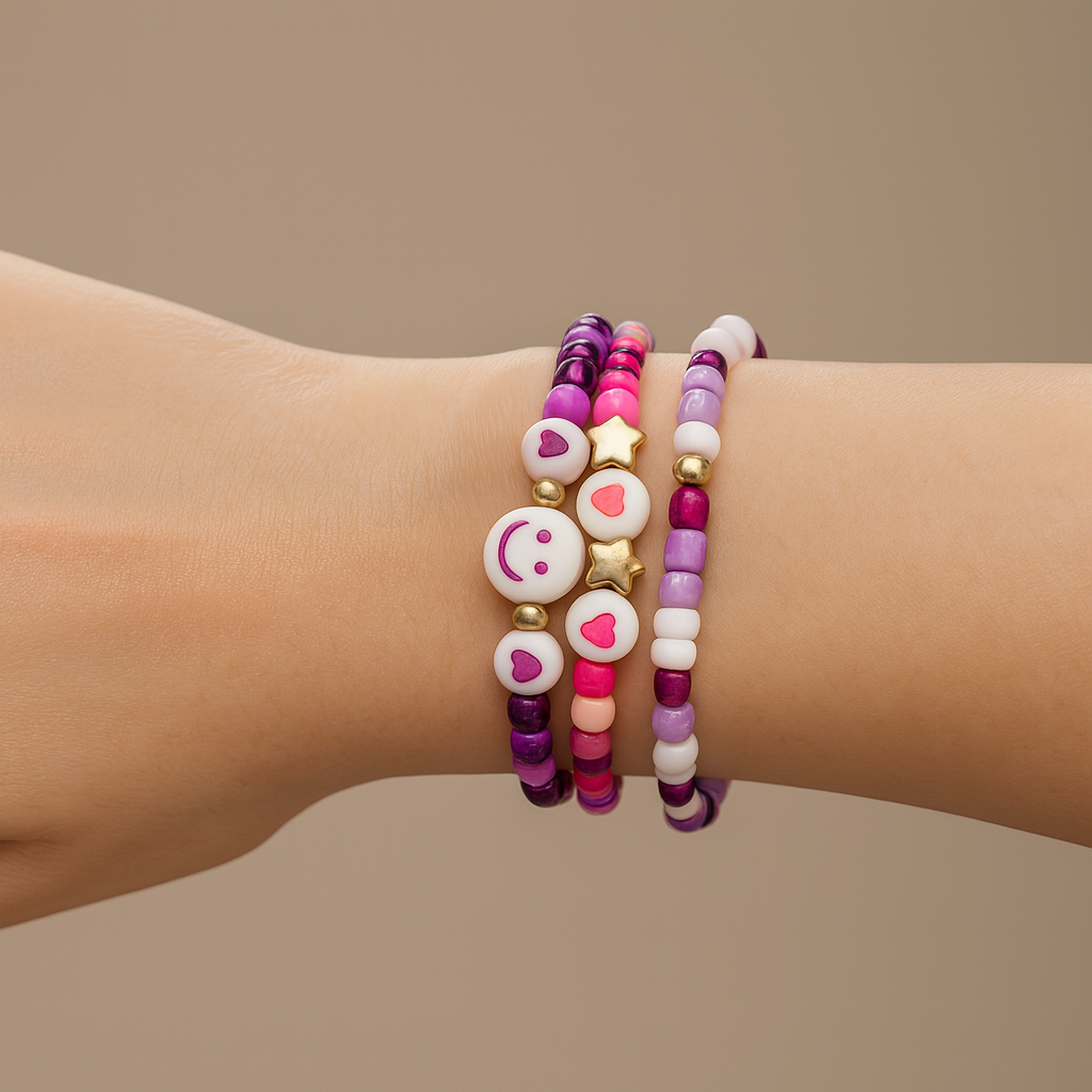 Three beaded bracelets, purple, pink and white.