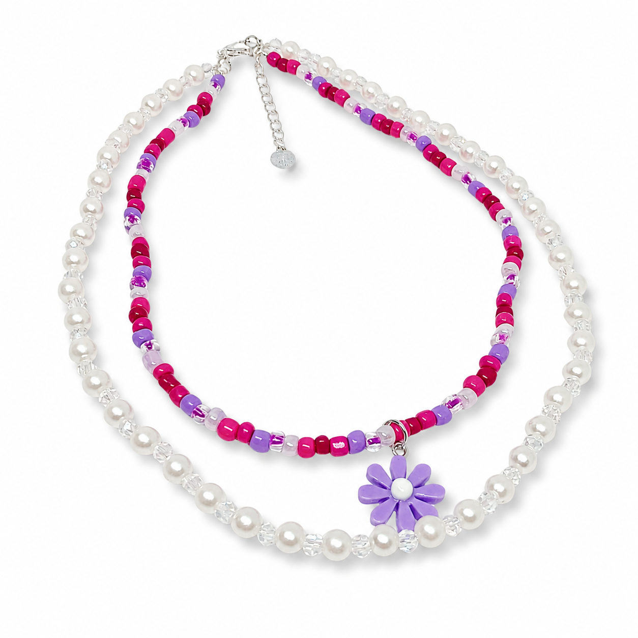 Necklace with white pearls and pink and purple beads.