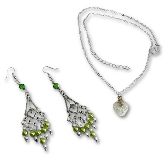 Dangling green and silver earrings and silver necklace with heart pendant