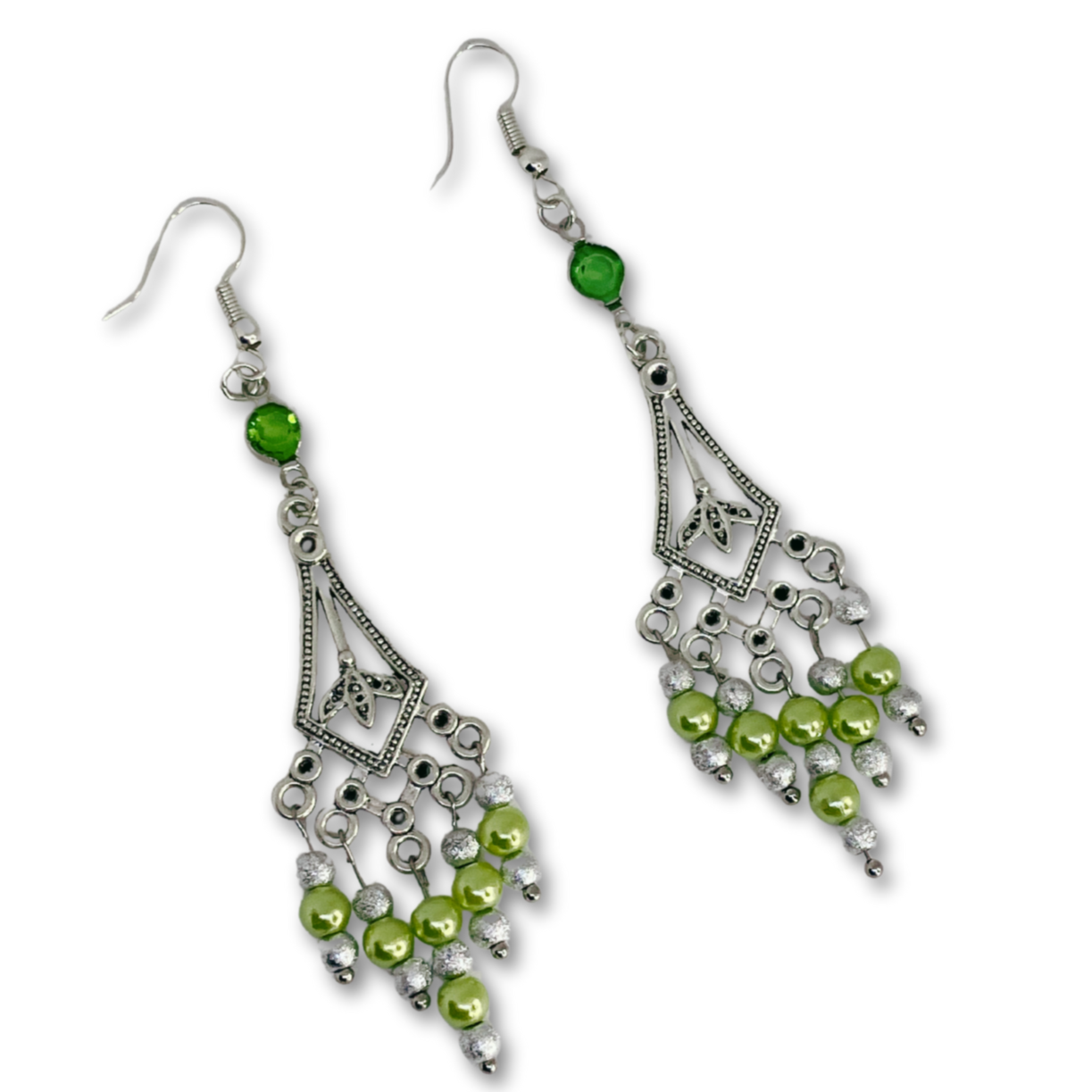 Green and silver dangling earrings