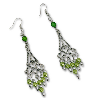 Green and silver dangling earrings