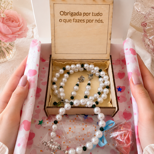 White gift box with jewelry and personalised wooden box 