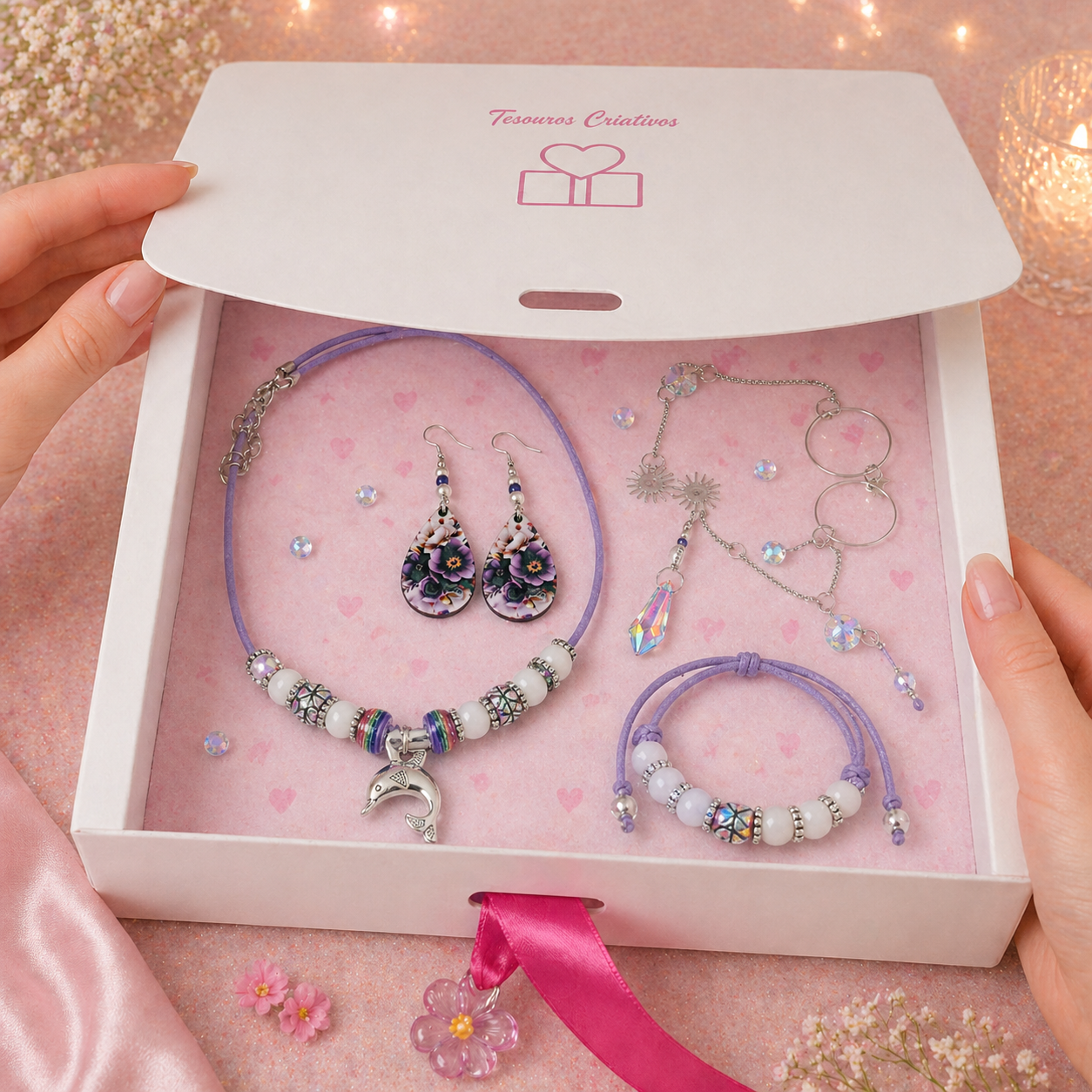 Gift box with necklace, earrings, bracelet and sun catcher. 