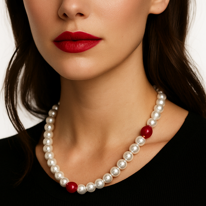 Imitation white pearl necklace with red pearls.
