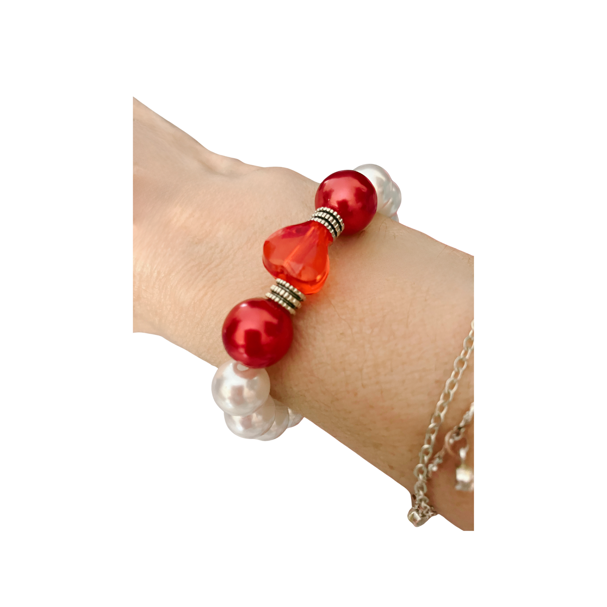 White Pearls Red Pearls with Red Heart Bracelet