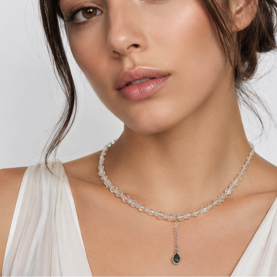 Necklace with white glass beads and teadrop pendant