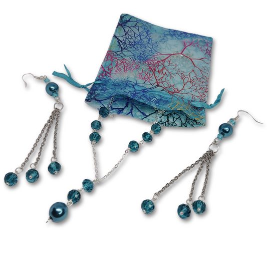 The Elegance gift set for women featuring silver necklace with blue pearls and matching earrings inside a cute organza gift bag.