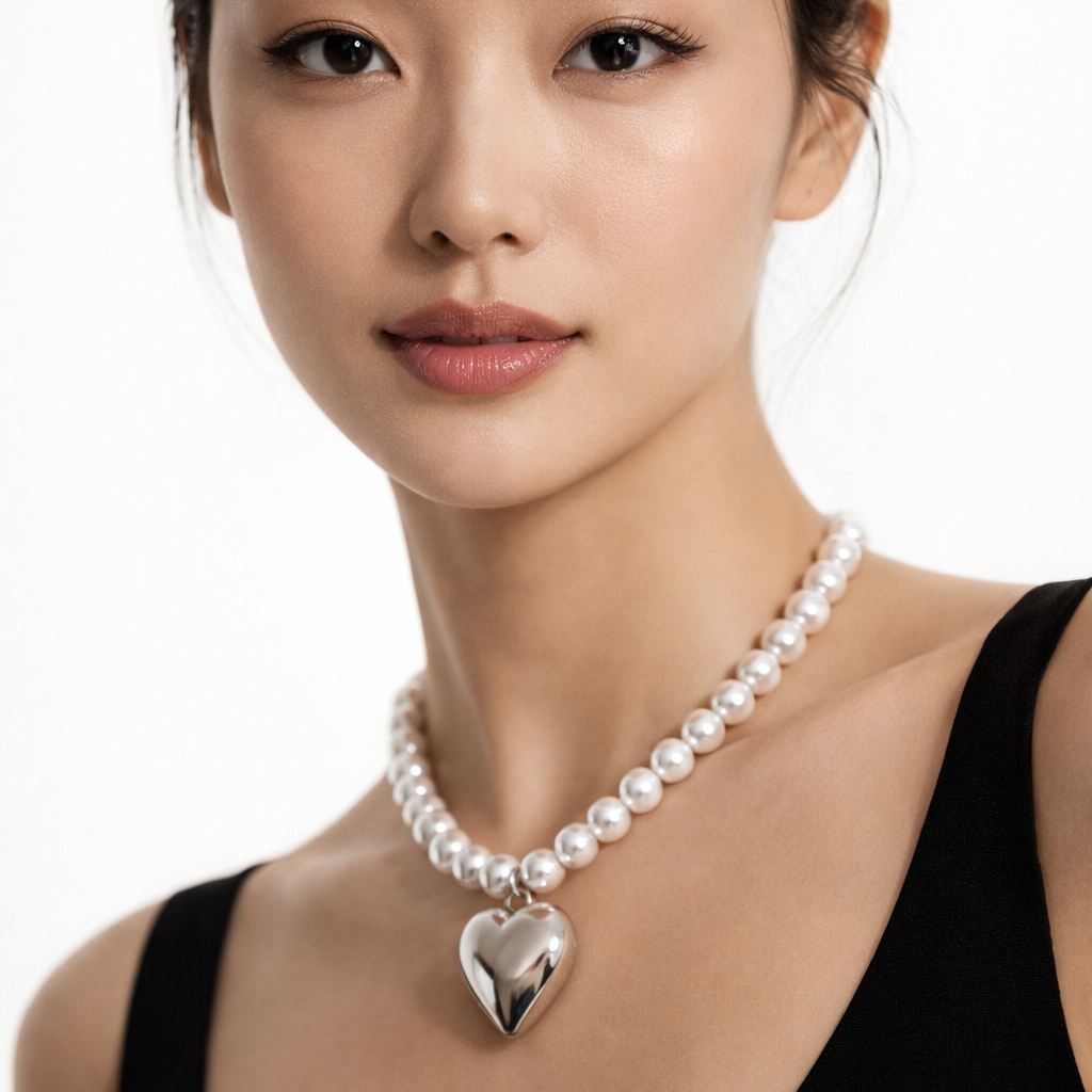 Pearl necklace with silver heart