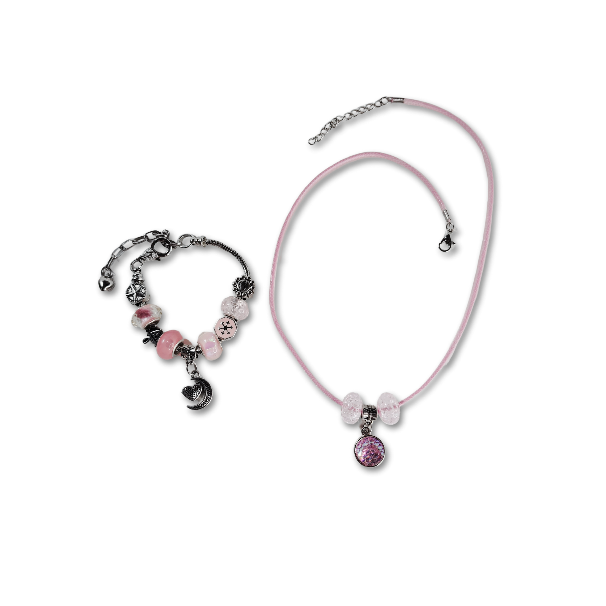 Beautiful pink pendant necklace with pink beads and matching moon heart charm bracelet