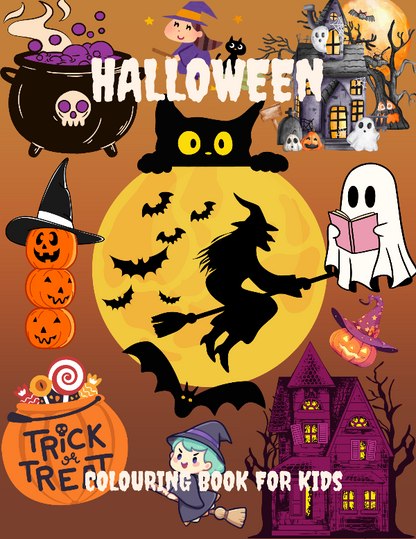 Children's Halloween coloring book orange front cover consisting of ghost, cauldron, spooky pumpkins, haunted house, bats and a flying witch