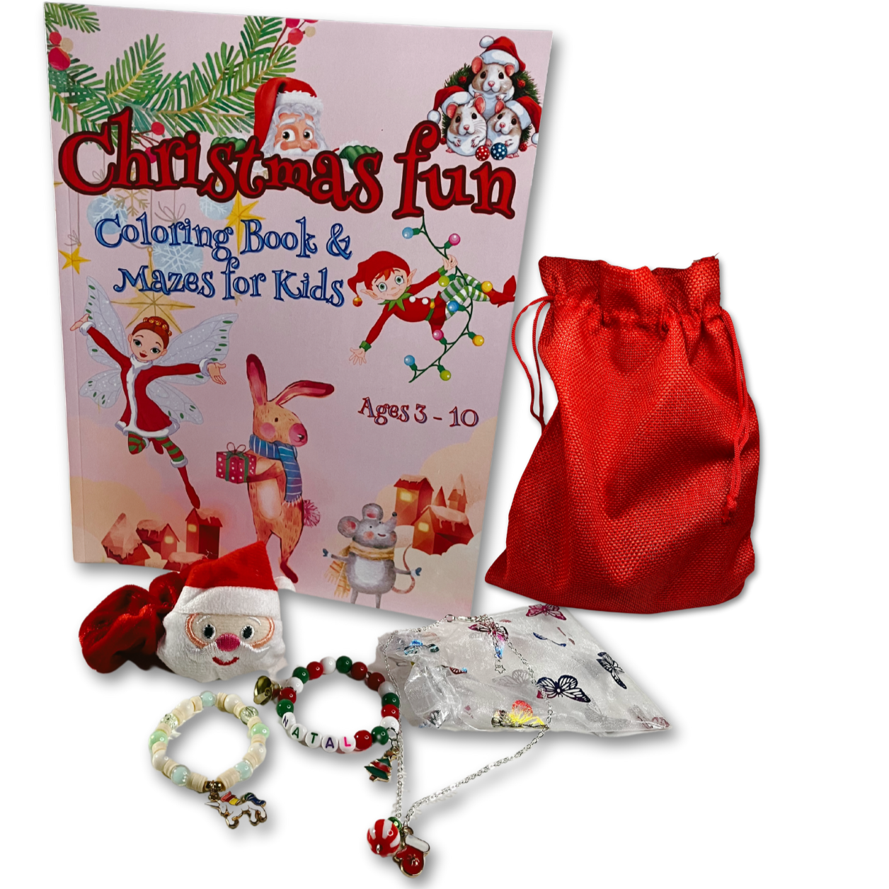 A Christmas gift for kids, Christmas themed coloring and maze book, Santa red velvet scrunchie for hair, two bracelets and necklace. Wrapped in red gift bag.