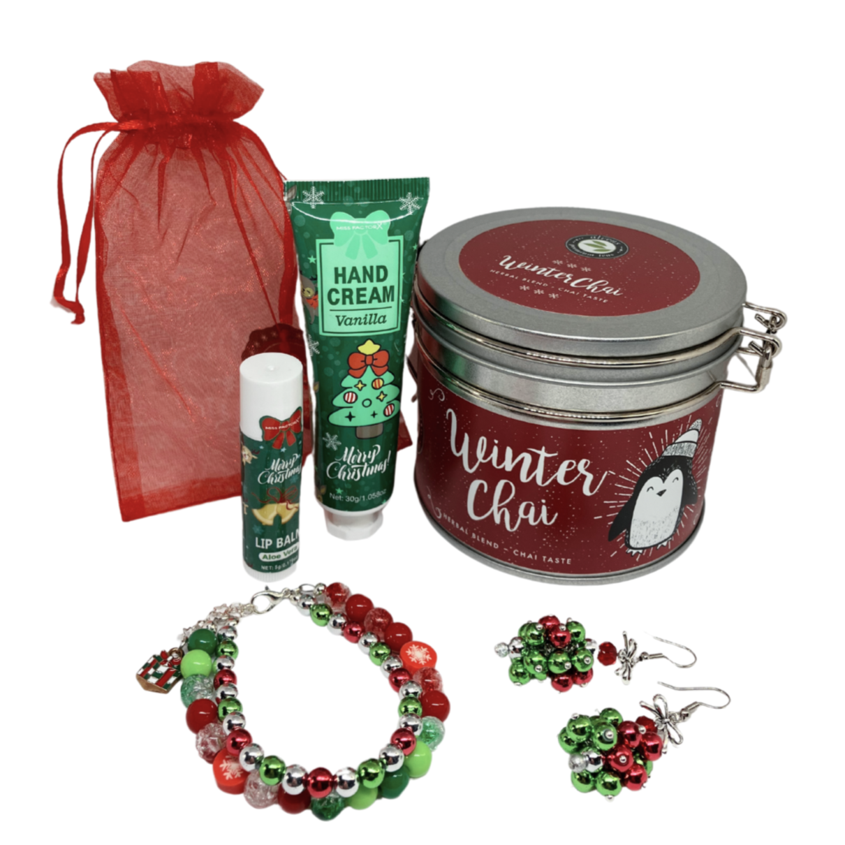 A Christmas gift of Winter chai tea, Christmas themed bracelet and earrings with vanilla hand cream, and lip balm. Packaged with a red bag and gift box.