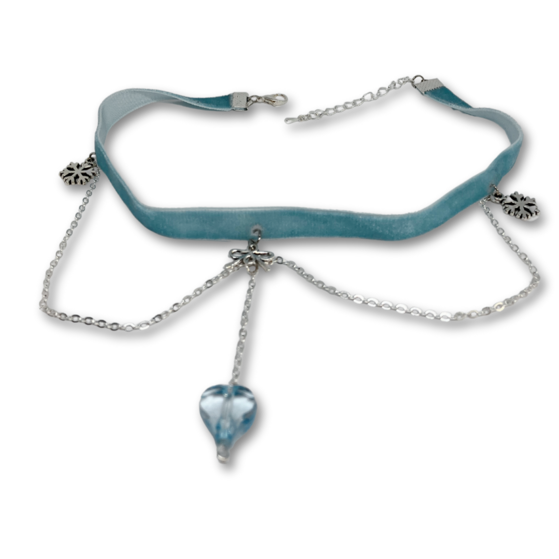 Blue velvet necklace choker with silver chain, small snowflake pendants and an ice crystal bead