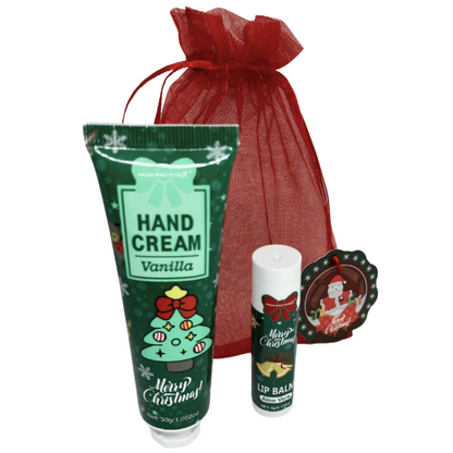 Vanilla hand cream, and lip balm with a red Christmas organza gift bag.