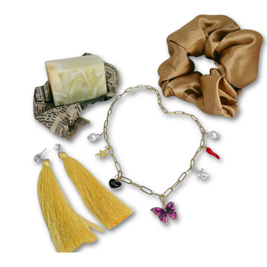 Imitation gold chain necklace with multiple charms (including a butterfly, chili, star, and pearl)

Yellow tassel earrings (pierced)

Handmade artisanal soap bar (individually wrapped)

Gold satin hair scrunchie