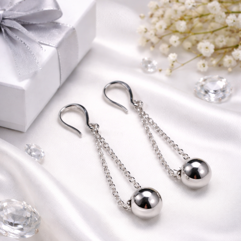 Dangling earrings with silver pearls.
