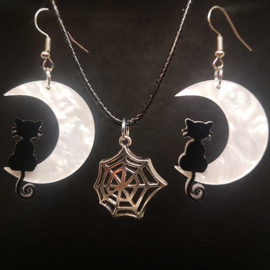 Moonlit cat earrings with spooky spider web necklace