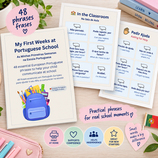 A set of printable educational worksheets and cards for Portuguese school life. The main product includes a large cover sheet titled 'My First Weeks at Portuguese School' and two interior lesson-plan pages with phrase prompts.