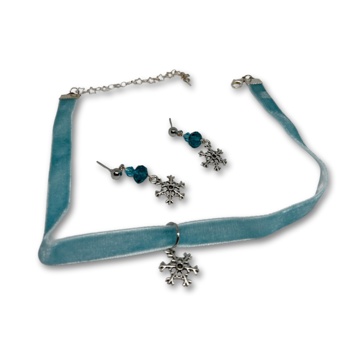 Blue velvet necklace choker with snowflake pendant and matching beaded snowflake earrings