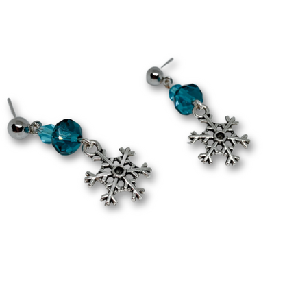 Blue beaded silver snowflake earrings 