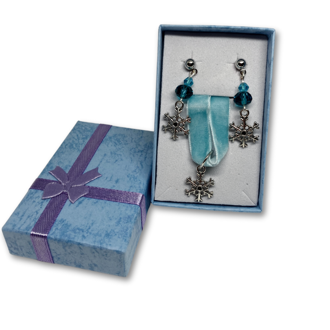 Blue velvet necklace choker with snowflake pendant and matching beaded snowflake earrings included with gift box